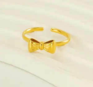 Bow Shaped Ring Stainless Steel Plated 18K Gold Rings Adjustable Opening Design Rings For Girls