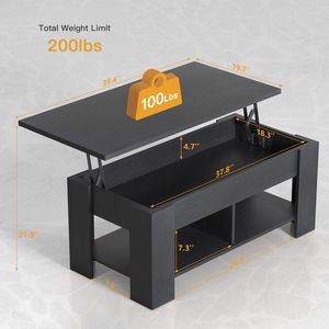 Mesa de centro con tapa elevable, compartimento oculto y almacenamiento, estantes abiertos separados, color negro - Product Image 6