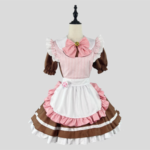 Maid Outfit Cosplay Lolita Costume Women Pink Blue Striped Dress With Bow And Apron Halloween Performance Wear - Product Image 3