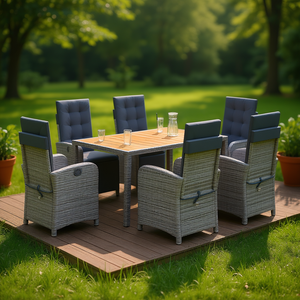 Ensemble de salle à manger de jardin gris 6 places, table en rotin et teck, mobilier d'extérieur, design contemporain, résistant aux intempéries - Product Image 2