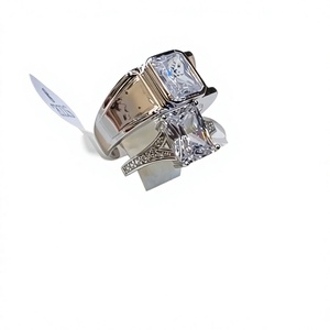 <b>Couple</b> Princess Cut Crystal Engagement <b>Ring</b> Women's 925 Silver Plated Rhodium Finish Traditional Style Square Prong Setting - Product Image 5
