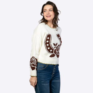 <span class=keywords><strong>Pull</strong></span> court tricoté à col rond pour <span class=keywords><strong>femme</strong></span>, motif intarsia fer à cheval rose western, bord ondulé vert contrastant, fabrication sur mesure - Product Image 5