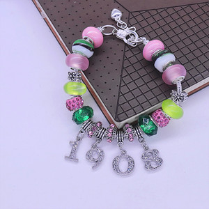 Elegante Piedra Rosa y verde Símbolo alfa griego año de fundación 1908 encantos decorados pulsera Soror ajustable con cuentas de lujo - Product Image 2
