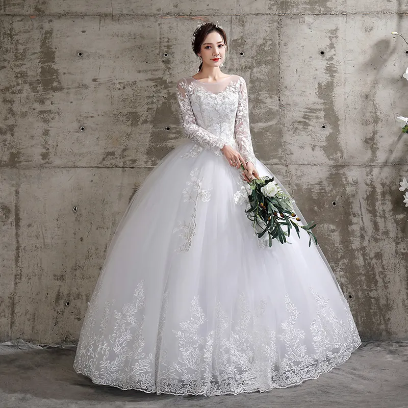 פרח חתונת שמלה חדש סגנון הכלה בתוספת גודל פרח חתונה שמלות חלומי מלא שרוול כלה תחרה עד שמלות כדור שמלות