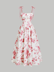 Robe midi élégante pour <span class=keywords><strong>femme</strong></span>, style vintage, imprimé floral, dentelle, sans manches, taille haute, coupe ajustée, tissu tissé, pour l'été, les fêtes et <span class=keywords><strong>la</strong></span> <span class=keywords><strong>plage</strong></span> - Product Image 4