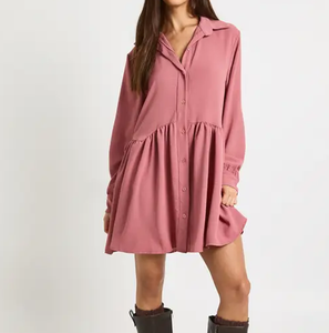 Women's Shirt <strong>Dress</strong>, Long Sleeve Lapel Mini Skirt, Casual Loose Fit with Pleats, Soft and Flowy Fabric - Product Image 2