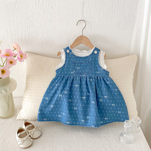 2025 Mùa Hè Mới Phong Cách Bé Gái Dresses Dot Hoa Đầy Đủ In Denim Váy Ren Ngọt Ngào Bow Vest Dây Đeo Ăn Mặc Cho Trẻ Em Nhỏ - Product Image 3