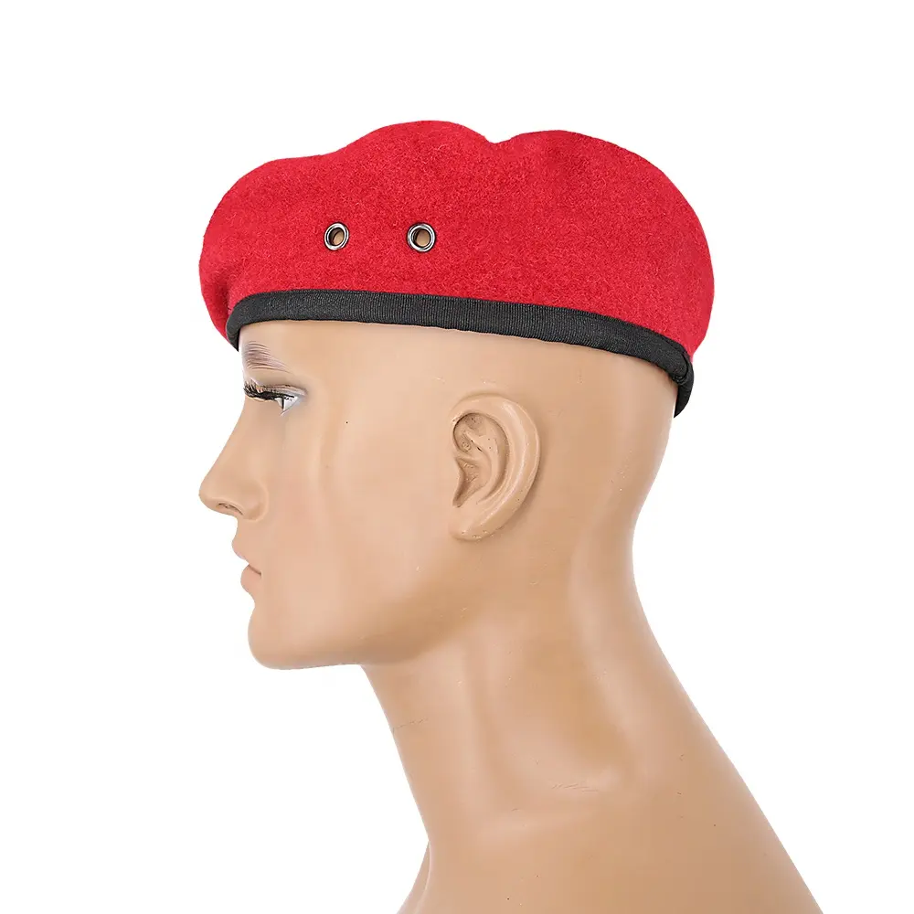 KMS baret latihan kasual kustom olahraga 100% wol bordir garis warna-warni baret Prancis merah untuk pria