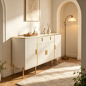 <span class=keywords><strong>Buffet</strong></span> latéral cannelé <span class=keywords><strong>blanc</strong></span> avec pieds <span class=keywords><strong>et</strong></span> poignées dorés, meuble de rangement d'entrée, console avec tiroirs pour salon <span class=keywords><strong>et</strong></span> rangement domestique - Product Image 2