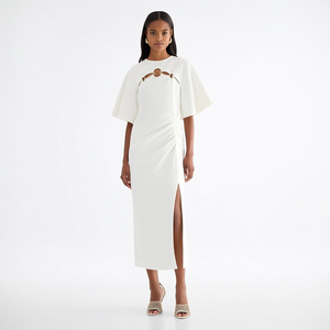 <span class=keywords><strong>Abito</strong></span> <span class=keywords><strong>Midi</strong></span> da Donna Elegante e Minimalista su Misura, Bianco, <span class=keywords><strong>con</strong></span> Collo Alto, Cut-out, Anello Dorato, Maniche a Volant e <span class=keywords><strong>Spacco</strong></span> Alto, per Feste - Product Image 3