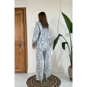 Wholesale <b>Linen</b> 2-Piece Casual Set Blue Leopard Print Jacket and Short Hooded <b>Tops</b> for Women for Autumn Sports Wear - Product Image 1