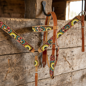 Ensemble d'équipement équestre en cuir de vachette léger de qualité supérieure, style western, avec franges tournesol, comprenant brassard, têtière et selle, durable pour l'équitation - Product Image 2