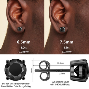 Pendientes de Moissanita Negra VVS de 2.0ct y 6.5mm, Estilo Hip Hop, Corte Brillante Redondo, Chapados en Oro, Plata de Ley 925, para Hombre, Unisex - Product Image 4