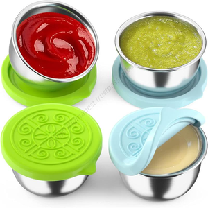 ถ้วยซอสสแตนเลสกันรั่วแบบขายส่ง พร้อมฝาปิดขนาดเล็ก ภาชนะใส่อาหารแบบใช้ซ้ำได้ ภาชนะใส่น้ำสลัดซิลิโคน - Product Image 1