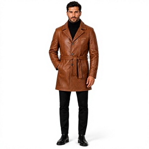 <b>Men's</b> Brown Leather Breathable X-Long Trench Coat Belt Turn-down Collar Double Breasted Design Puff Printing Fashion Streetwear - Product Image 1
