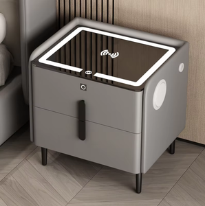 Mesita de noche inteligente con carga inalámbrica <span class=keywords><strong>USB</strong></span> de madera de pino al por mayor, armario de almacenamiento con cerradura de huella dactilar, mesita de noche LED ecológica - Product Image 1