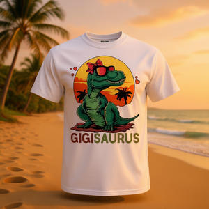 T-shirt Gigisaurus Dino avec lunettes de soleil et nœud papillon, motif coucher de soleil tropical pour femmes et hommes - Product Image 3