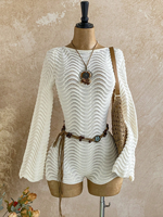 Pull en tricot crocheté style bohème coréen pour femme, blanc, col rond, manches cloche, coupe moulante, tenue de plage (personnalisable, anti-plis)