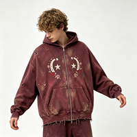 Sweat à capuche zippé épais bordeaux, délavage vintage, effet vieilli, broderie étoile, lune et rose, délavage acide, streetwear, molleton de coton