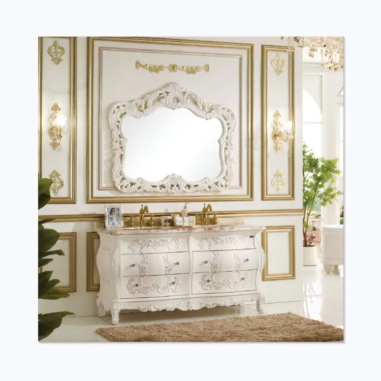 Tocador clásico de madera para baño, mueble de pie con espejo, directo de fábrica