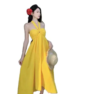 סיטונאי 2024 בגדי קיץ מזדמנים חצאית חוף רופפת חופשה קו A קפלים קפלים שמלת נשים צהוב