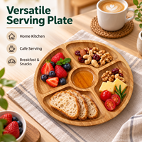 Plateau de service multi-compartiments en bambou naturel, plateau alimentaire personnalisé avec logo pour les collations, les fruits, les fêtes
