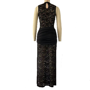 Robe longue en dentelle pour femme, sans manches, avec fente haute, en dentelle transparente, col mandarin, pour mariage et soirée, tendance - Product Image 5