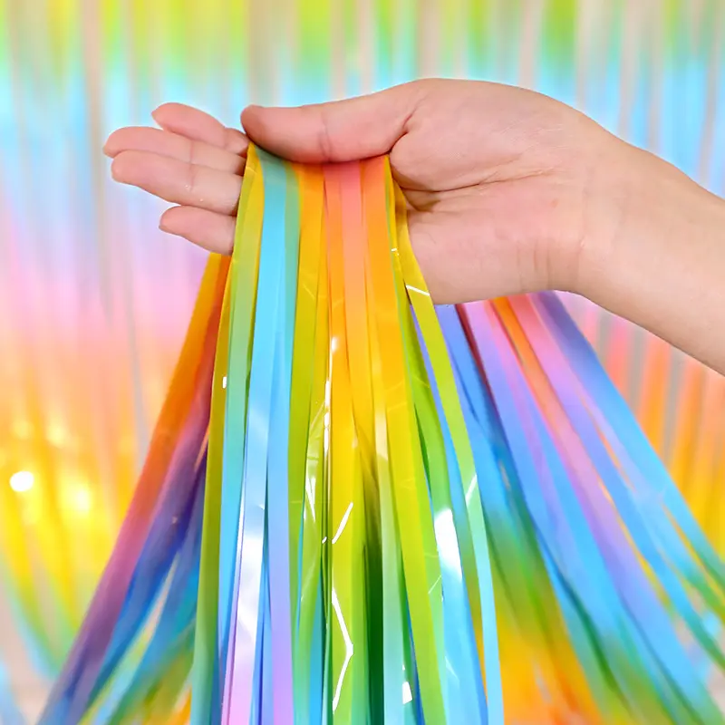 Colorful Rainbow Foil Curtain Tassel Macaron Color Backdrop Tinsel Foil Fringe Curtains For Festival Birthday Party Decorations