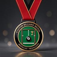 Médailles de billard personnalisées, médailles de récompense pour le billard et le snooker, en alliage de zinc moulé sous pression, logo OEM d'usine, toute forme, finition ruban.