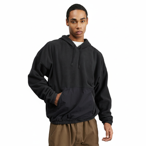 Men's Hip Hop High Street Embroidered Polar <b>Fleece</b> <b>Hoodie</b> in Black Plus Size Drop Shoulder Kangaroo Pocket Winter Sweatshirts - Product Image 1