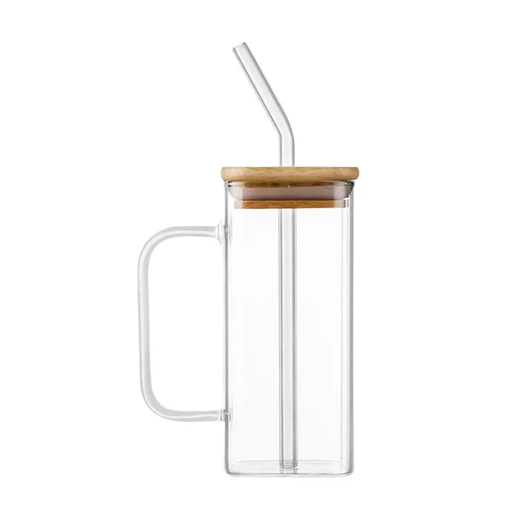 Luxuriöse Gläser mit Griff Travel Iced Coffee Smoothie Klarglas becher Bambus deckel Becher mit Strohhalm