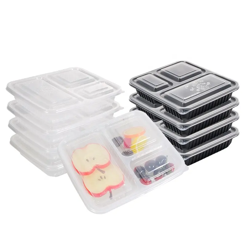 BPA Free Takeaway Microwavable Plastic Disposable 3 Compartment Bento Food Storage Lunch Boxes / Meal Prep Containers