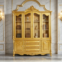 Bibliothèque de luxe européenne en bois massif, vitrine en verre sculptée dorée, armoire de rangement pour villa et maison, vente en gros