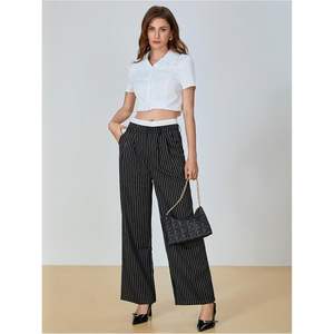 Pantalon large rayé pour femme, taille haute, infroissable, avec poches, décontracté, pour le travail ou le bureau - Product Image 2