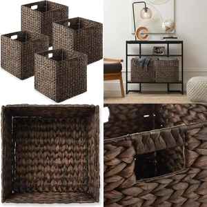 Set of 4 Water Hyacinth Cube Storage <b>Baskets</b> Espresso Woven Bins Foldable Natural Fiber Organizer <b>for</b> <b>Shelves</b> and Home Decor - Product Image 1