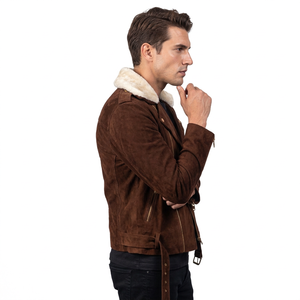 <b>Men's</b> <b>Brown</b> <b>Suede</b> Moto <b>Jacket</b> With Faux Fur Lining Zipper Closure Winter Outerwear - Product Image 3
