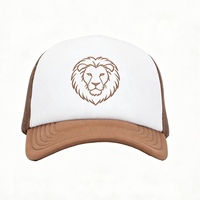 Gorra Trucker con Bordado de Cabeza de León, Frente Blanco, Parte Trasera de Malla Marrón, Gorra de Béisbol de Espuma con Visera Curva, Estilo Transpirable, Gorra de Malla con Logotipo Personalizado