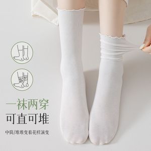 Women's Summer Thin Lace Mid Calf Slouch Socks With Ruffled Edges Seamless Japanese Style White Sweet Solid Color Socks - Product Image 4