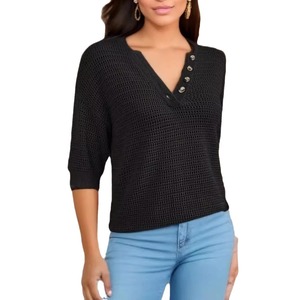 Pull en maille ajourée col en V pour femme, collection Printemps-Été 2025, manches courtes, style décontracté, noir, blanc, abricot, gris, tailles S, M, L, XL, XXL - Product Image 5