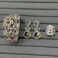 Ensemble de bijoux pour femmes TIANSHE, bracelet luxueux en zircon coloré, boucles d'oreilles pendantes en forme de fleur et bague, ensemble de 3 pièces