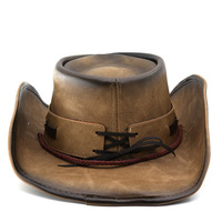 Chapeau de cowboy western en cuir vieilli de haute qualité, chapeau de cowboy à bord incurvé surdimensionné avec emblème de taureau Longhorn et cordon coupe-vent