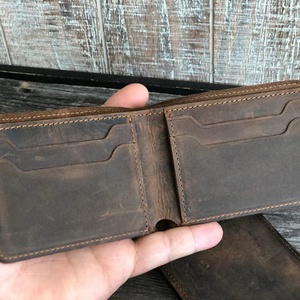 <b>Waterproof</b> Handmade Crazy Horse Genuine Leather Slim Short Mens <b>Wallets</b> Bifold Open Closure Polyester Lining Billeteras - Product Image 5