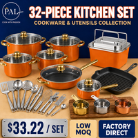 Lot de 32 ustensiles de cuisine en acier inoxydable, 6 couleurs, avec tasses à mesurer et seau de rangement