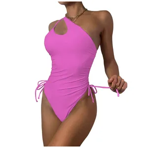 Custom Tummy Control One Piece Swimsuit for Women One Shoulder Side Drawstring Swimwear High Cut Padded Luxury Trendy Monokini