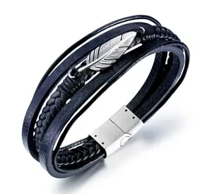 Pulseira de couro, pulseira de couro da moda multi-círculo, pulseira de couro, amazon, venda quente, pulseira de couro trançado para homens