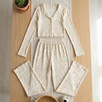 Pyjama décontracté en tricot à fleurs pour femme, automne, respirant, imprimé à volants, manches longues, pantalon long, ensemble deux pièces, taille élastique