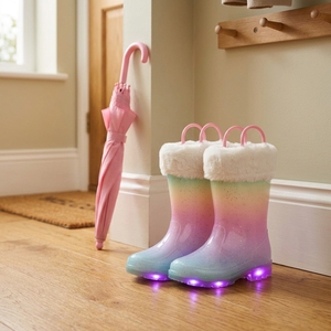 Botas de Lluvia LED para Niños con Luz, Brillantina Arcoíris, Impermeables, con Ribete de Piel Sintética para Saltar en Charcos y Jugar al Aire Libre, Equipo de Protección Personal - Product Image 1
