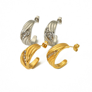 C Shaped Diamond Encrusted Stainless Steel Stud Earrings For Women <b>Titanium</b> Steel With Zircon Inlay Everyday Wear - Product Image 5