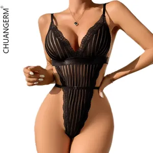 CHUANGERM Spot Low Moq Women New Arrival 2024 Pajama Striped See-Through Mesh Lace Sling Black Lingerie Bodysuits For Women