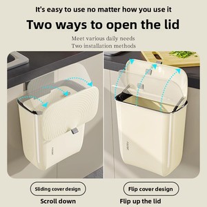 Cubo de basura de plástico de 9L/7L para cocina/oficina, con tapa deslizante, colgante, para montar en la pared, para residuos de comida. - Product Image 3